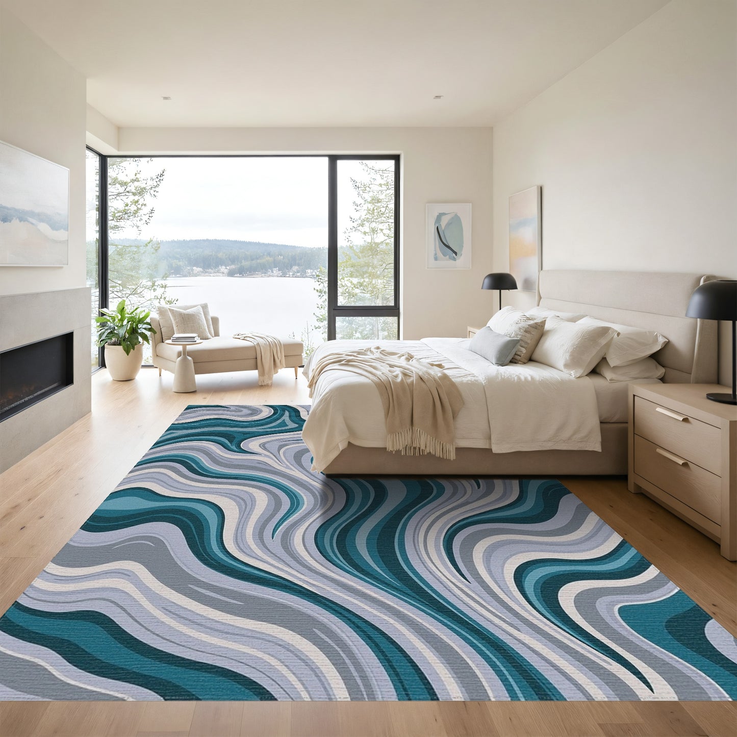 Teal Gray Swirling Waves Rug