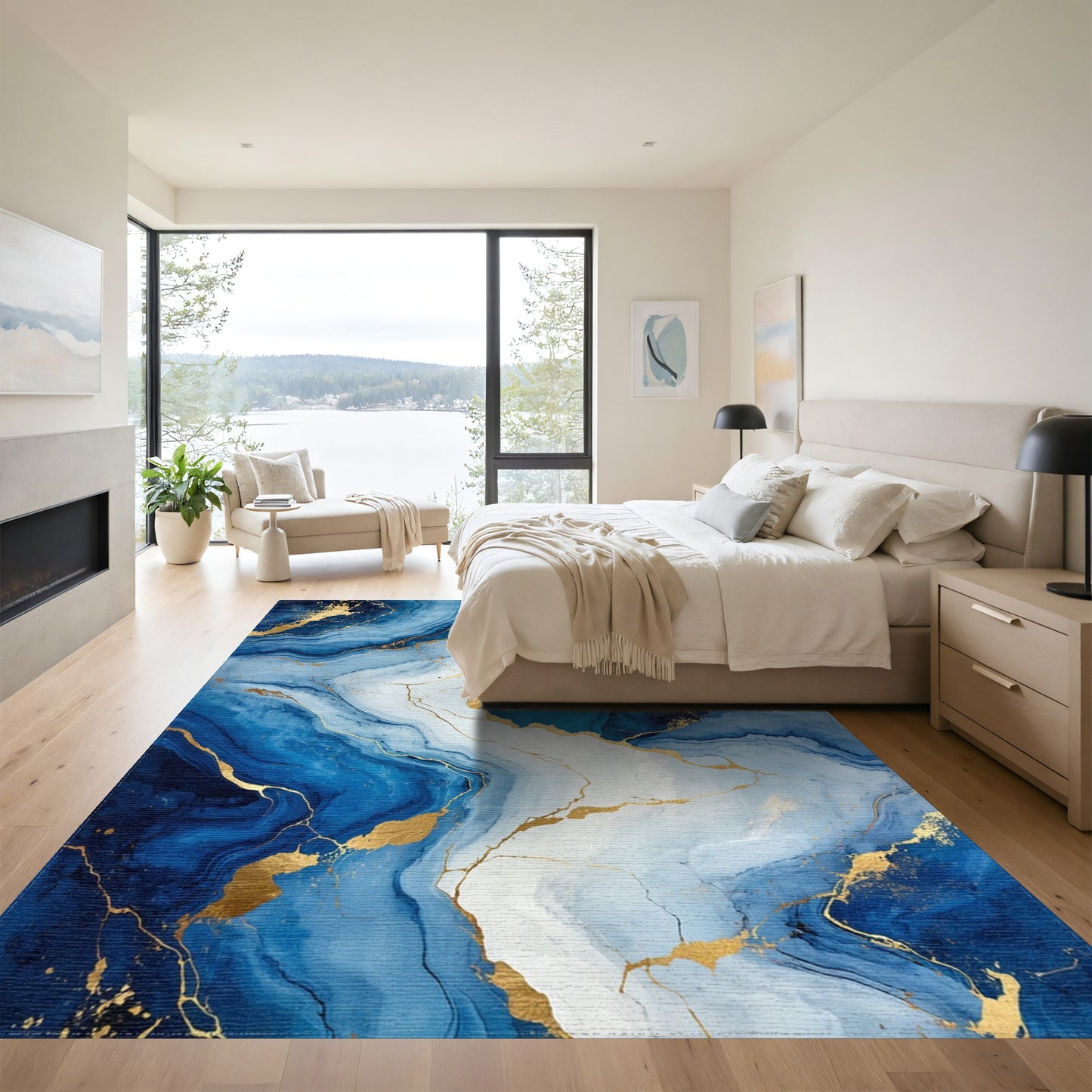 Navy Gold Veined Marble Rug