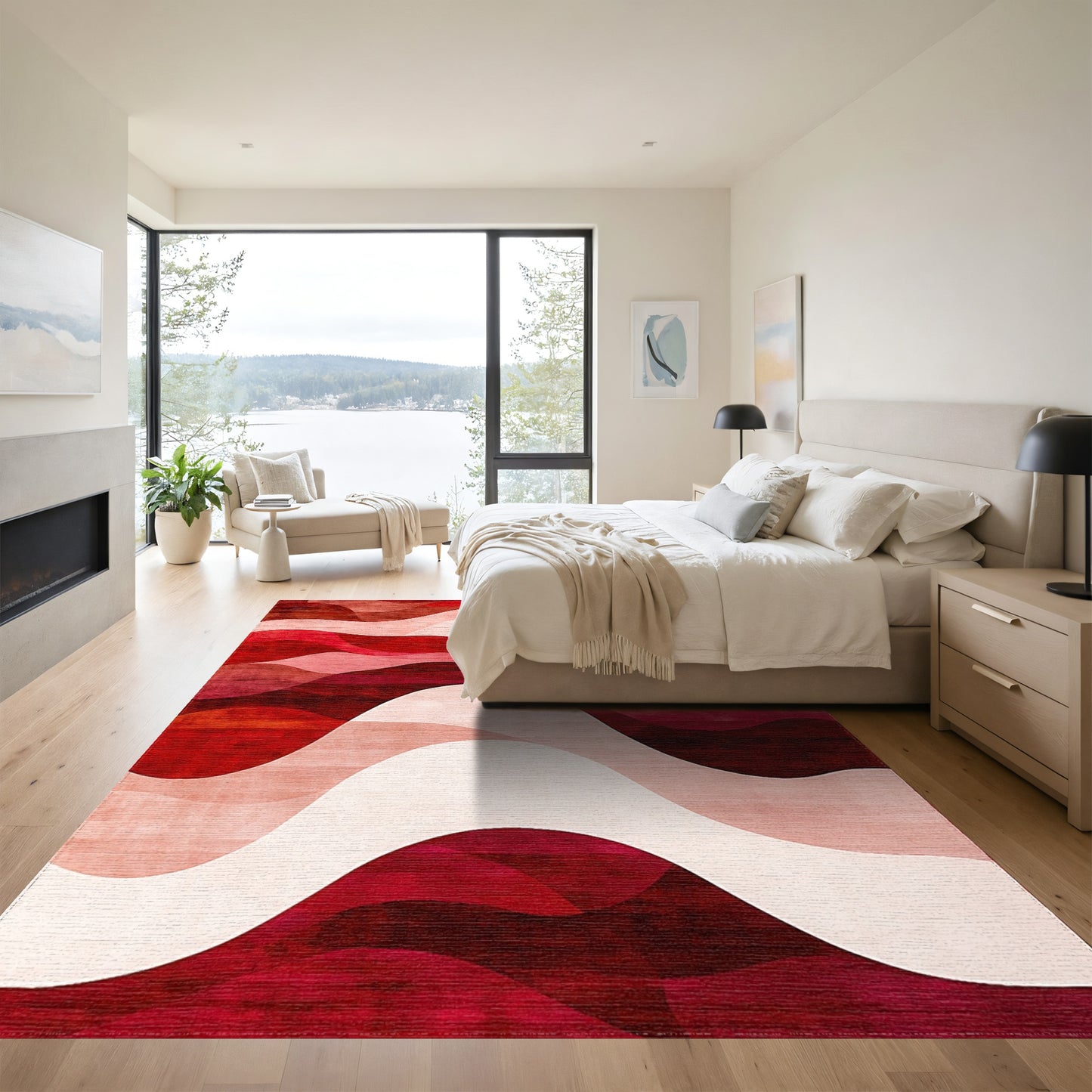 Abstract Red Layered Waves Rug