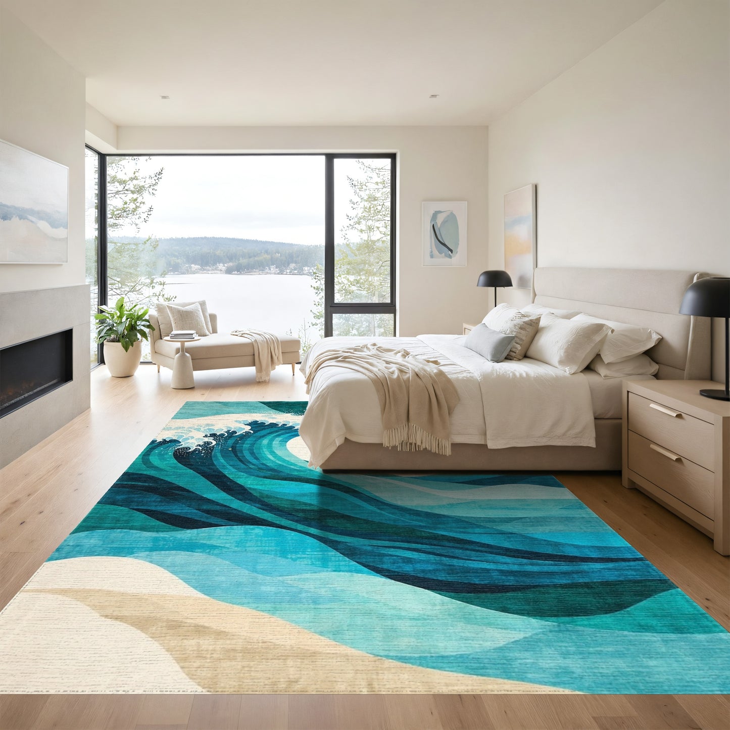 Abstract Teal Green Waves Rug