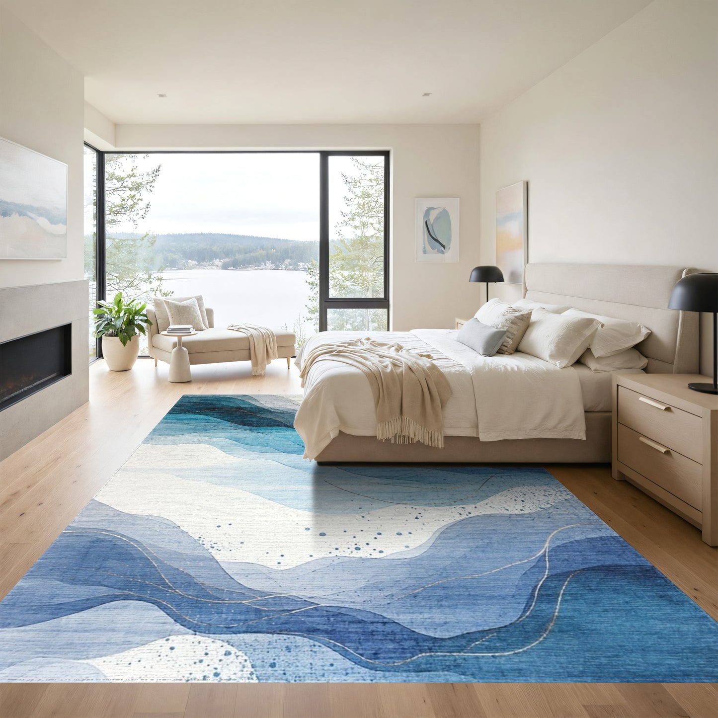 Layered Teal Blue Wave Rug