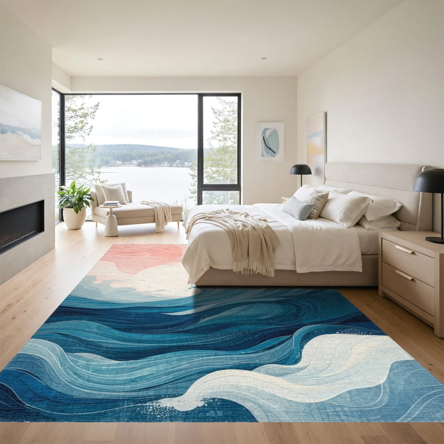 Abstract Pink Sun Blue Waves Rug