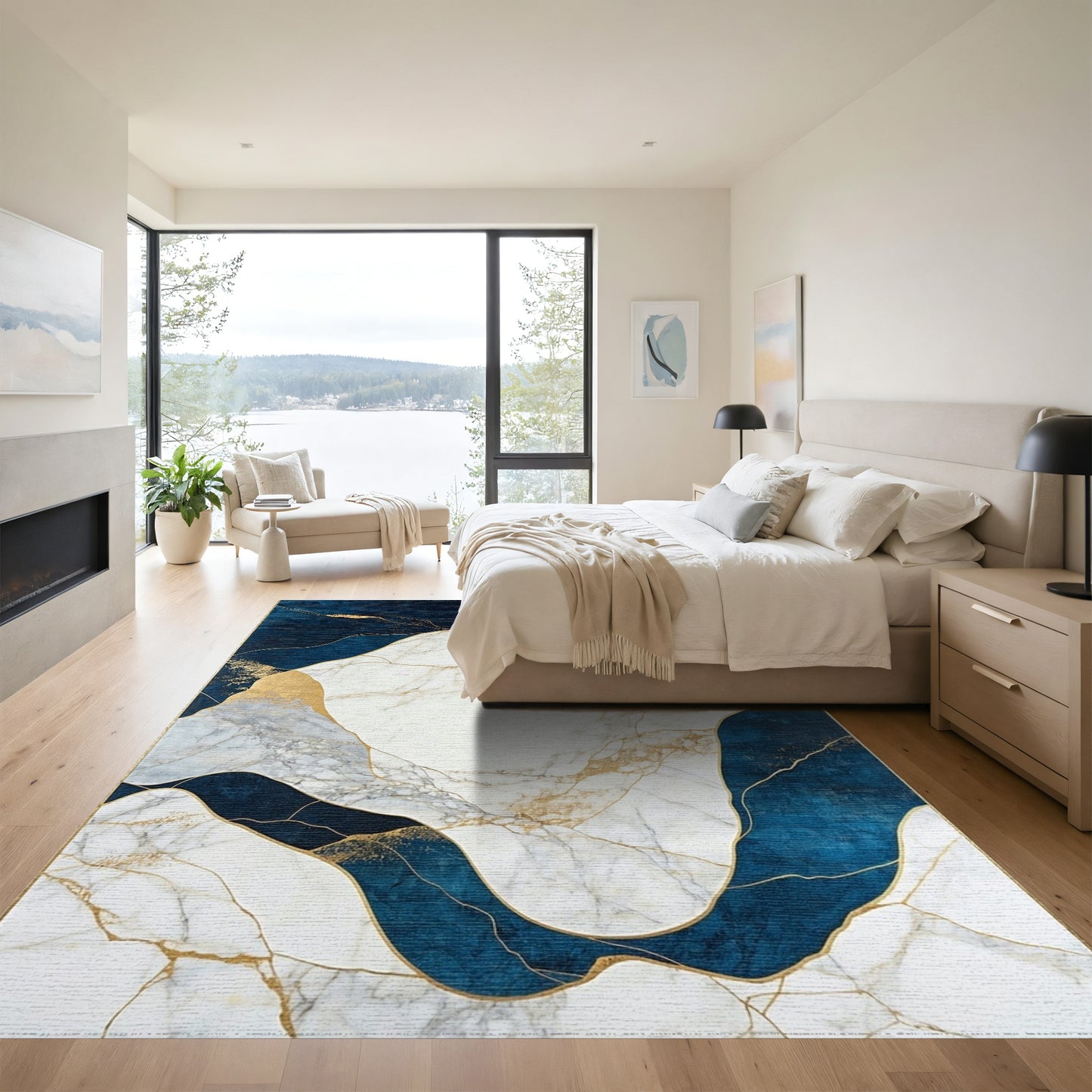 Navy Gold Veined Marble Rug