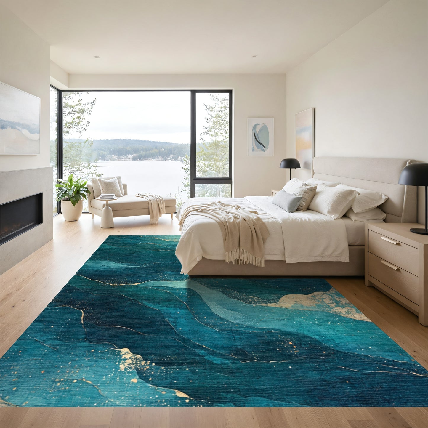 Layered Teal Gold Waves Rug