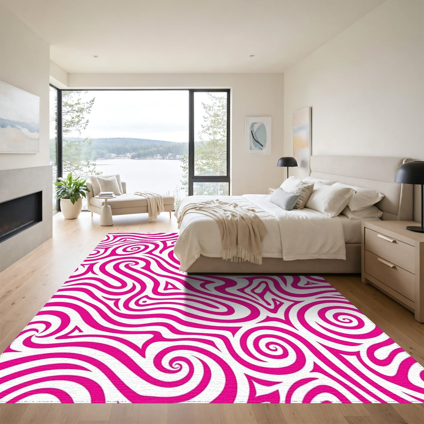Pink White Swirling Waves Rug