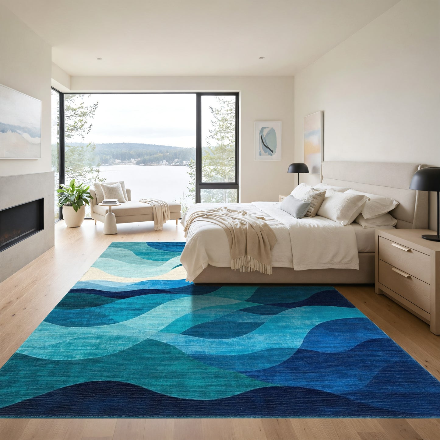 Teal Blue Layered Waves Rug