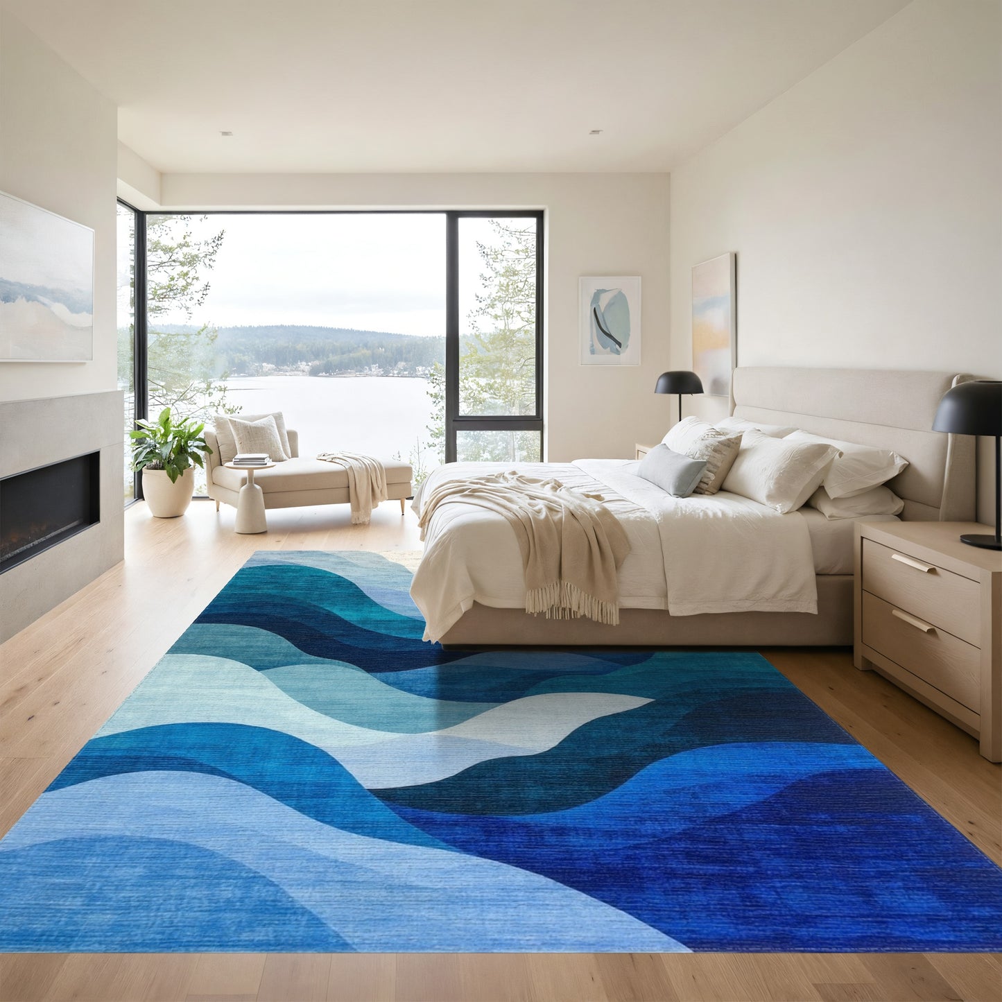 Teal Blue Layered Waves Rug