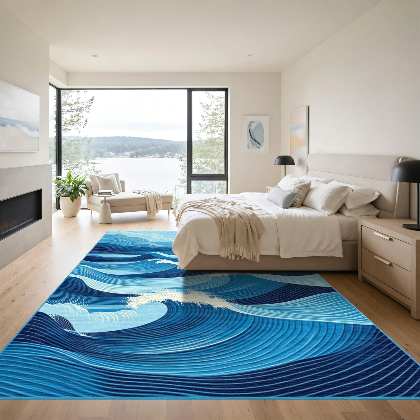 Blue Contoured Waves Clouds Rug