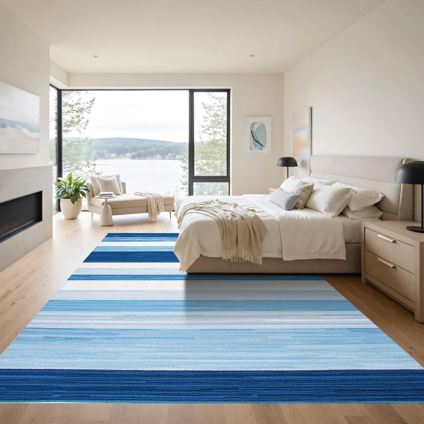 Navy Blue White Striped Rug