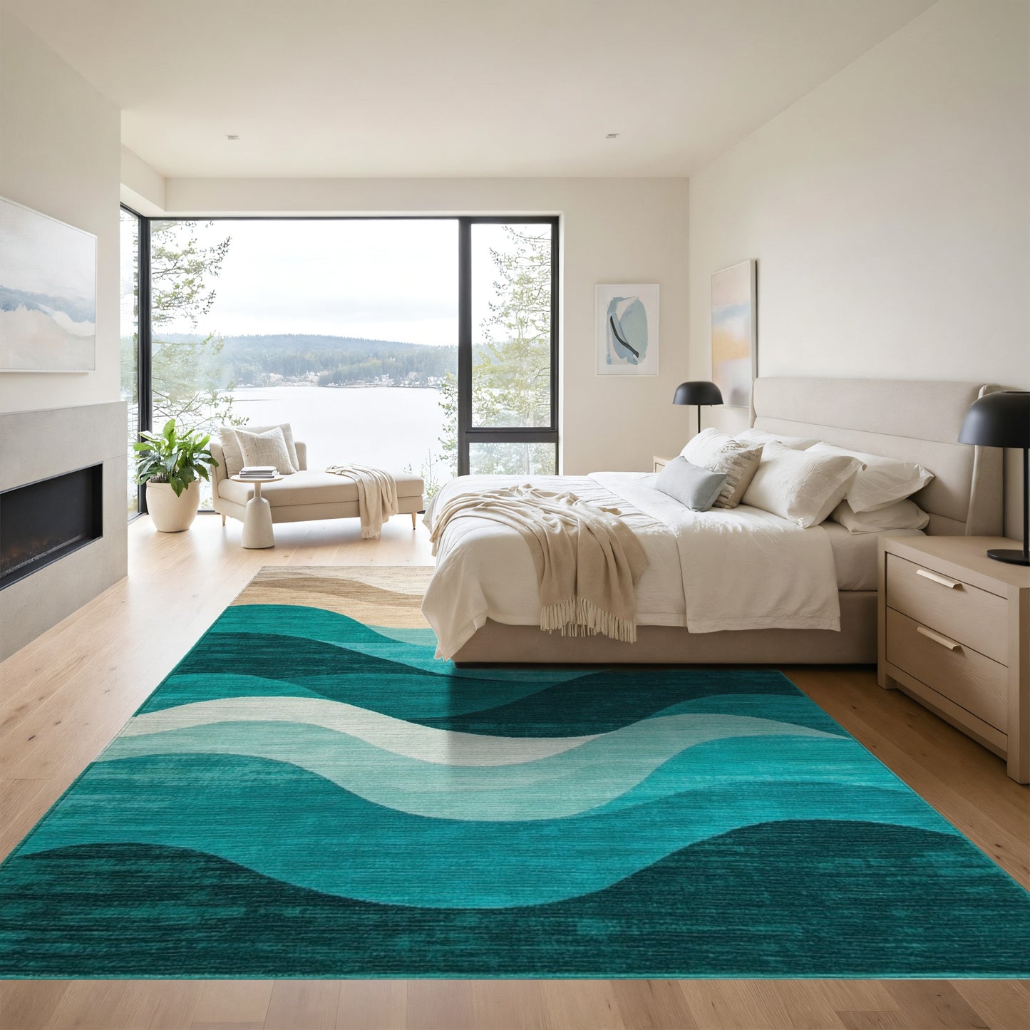 Layered Teal Beige Waves Rug