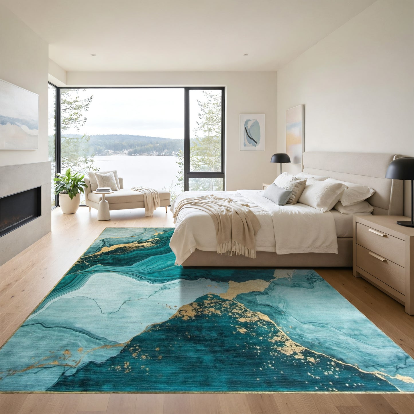 Teal Marble Gold Vein Rug