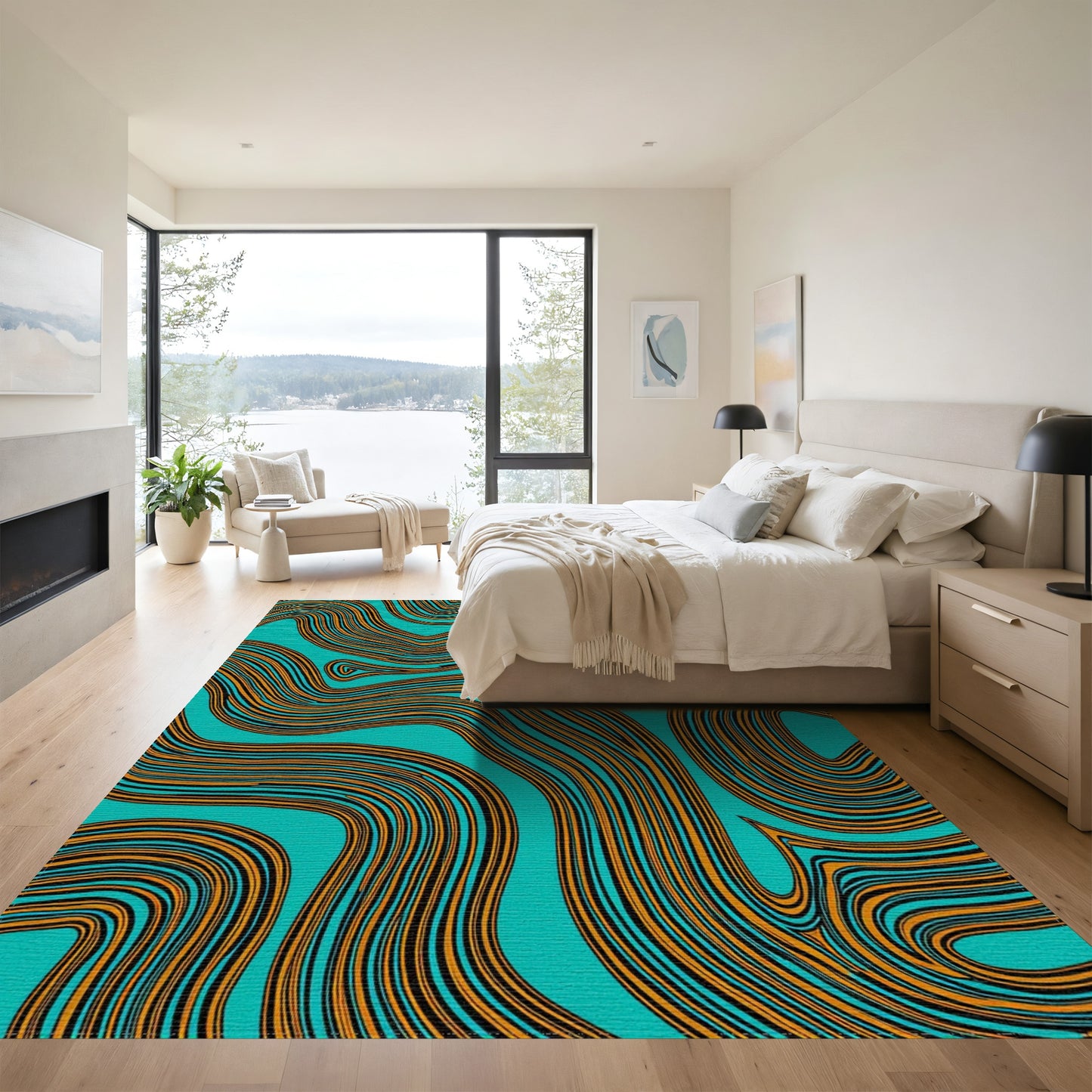 Teal Orange Wavy Curves Rug