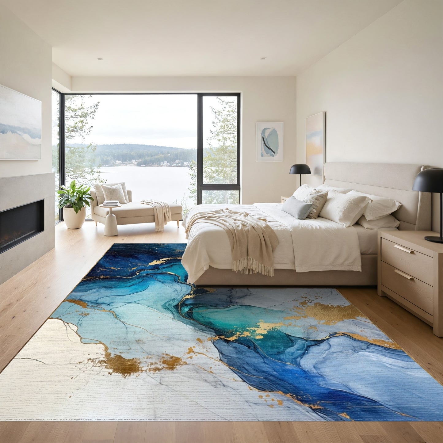 Navy Teal Gold Fluid Swirl Rug