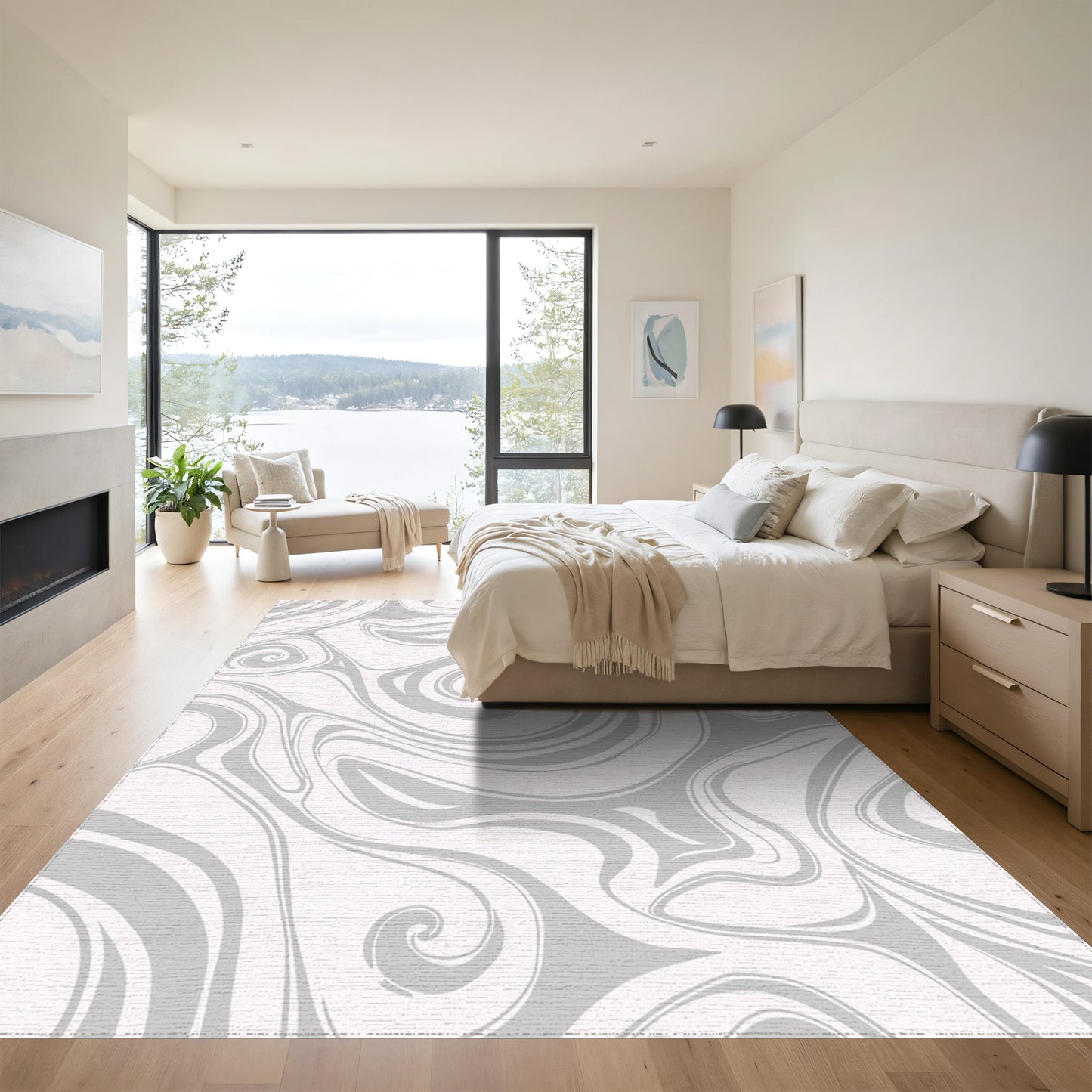 Abstract Gray Swirling Fluid Rug