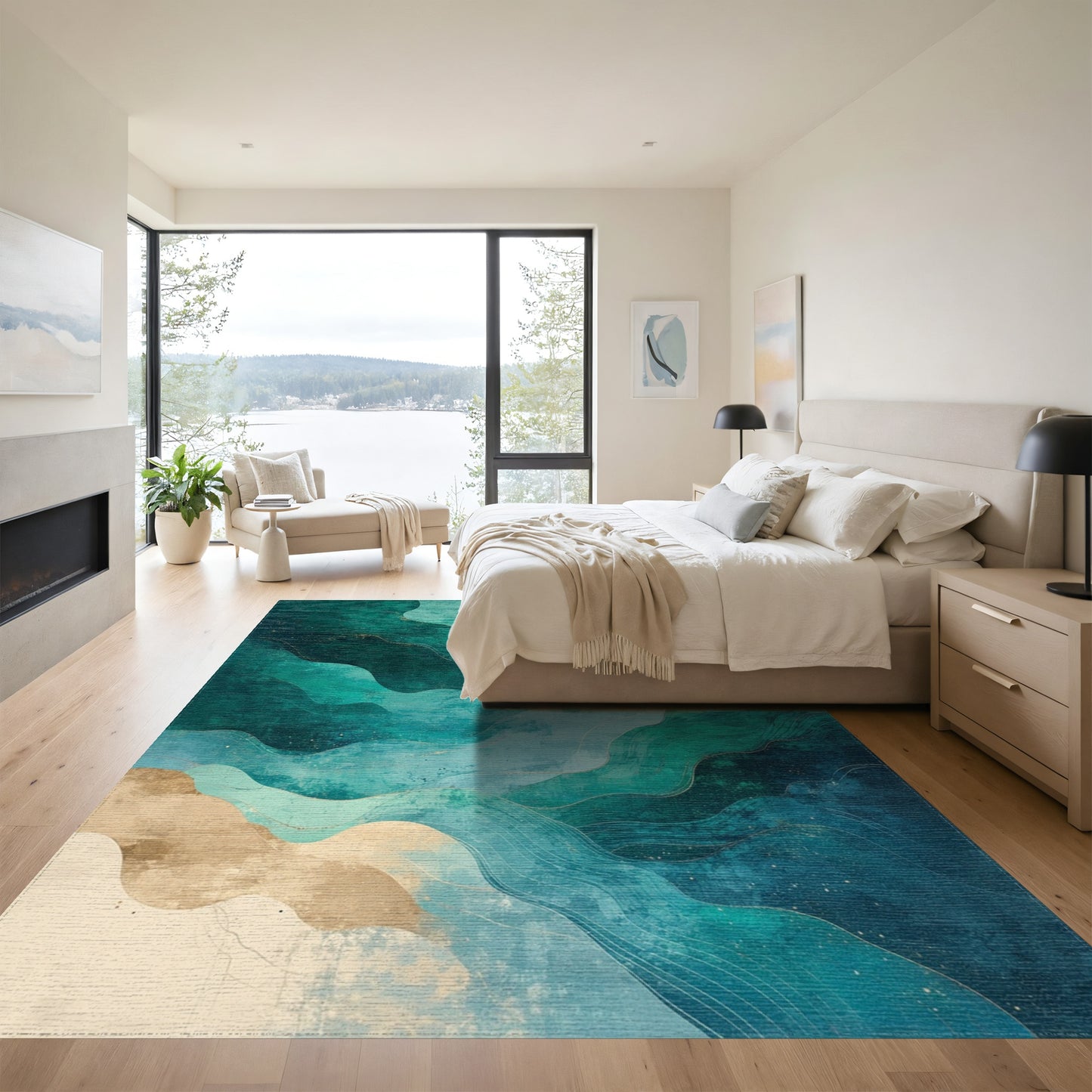 Teal Gold Fluid Wave Rug