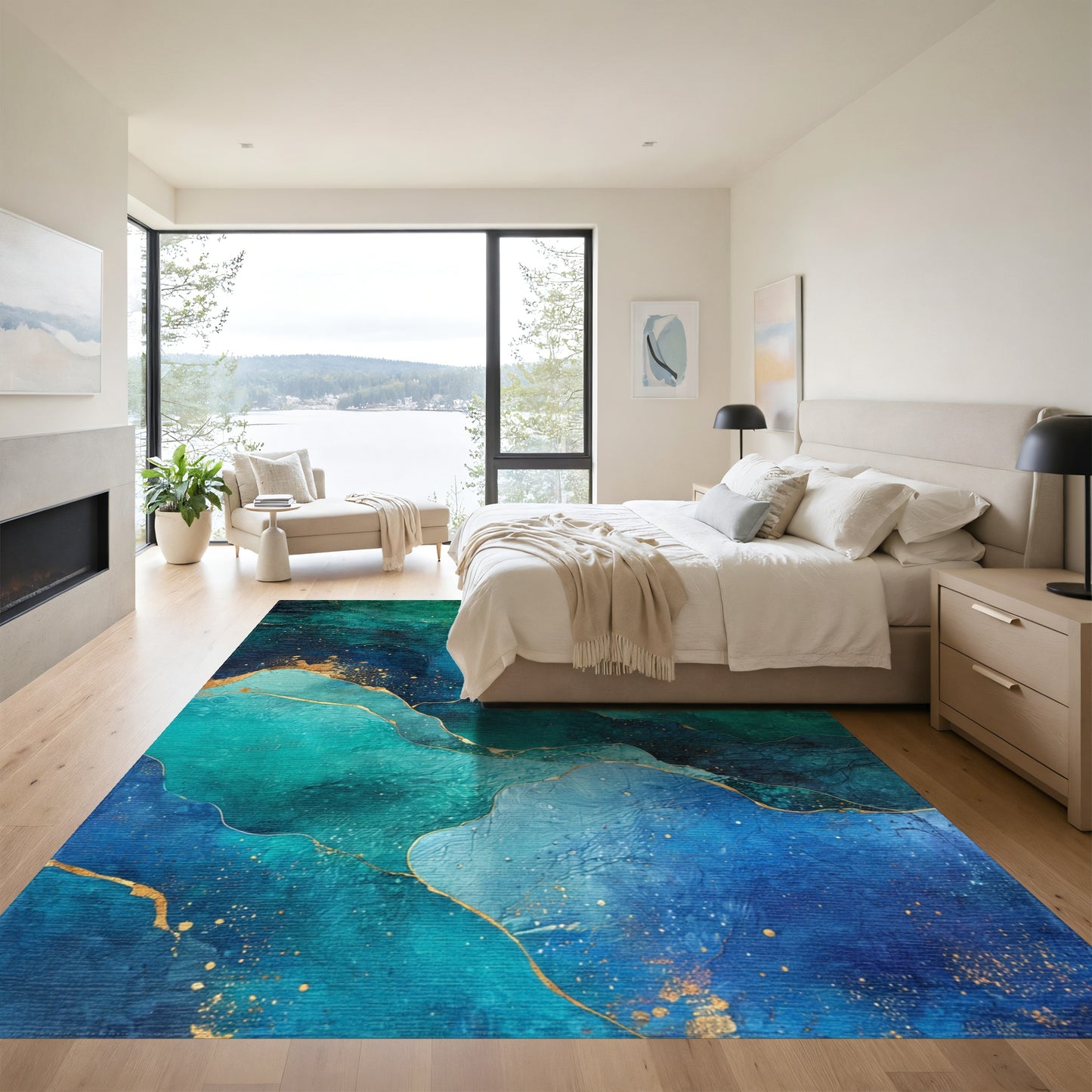 Swirling Teal Gold Fluid Rug