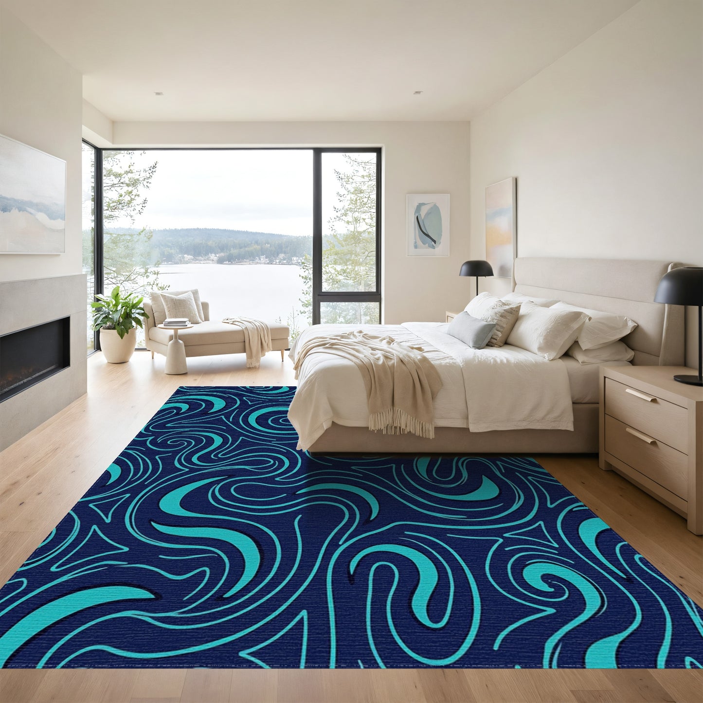 Teal Swirling Waves Navy Rug