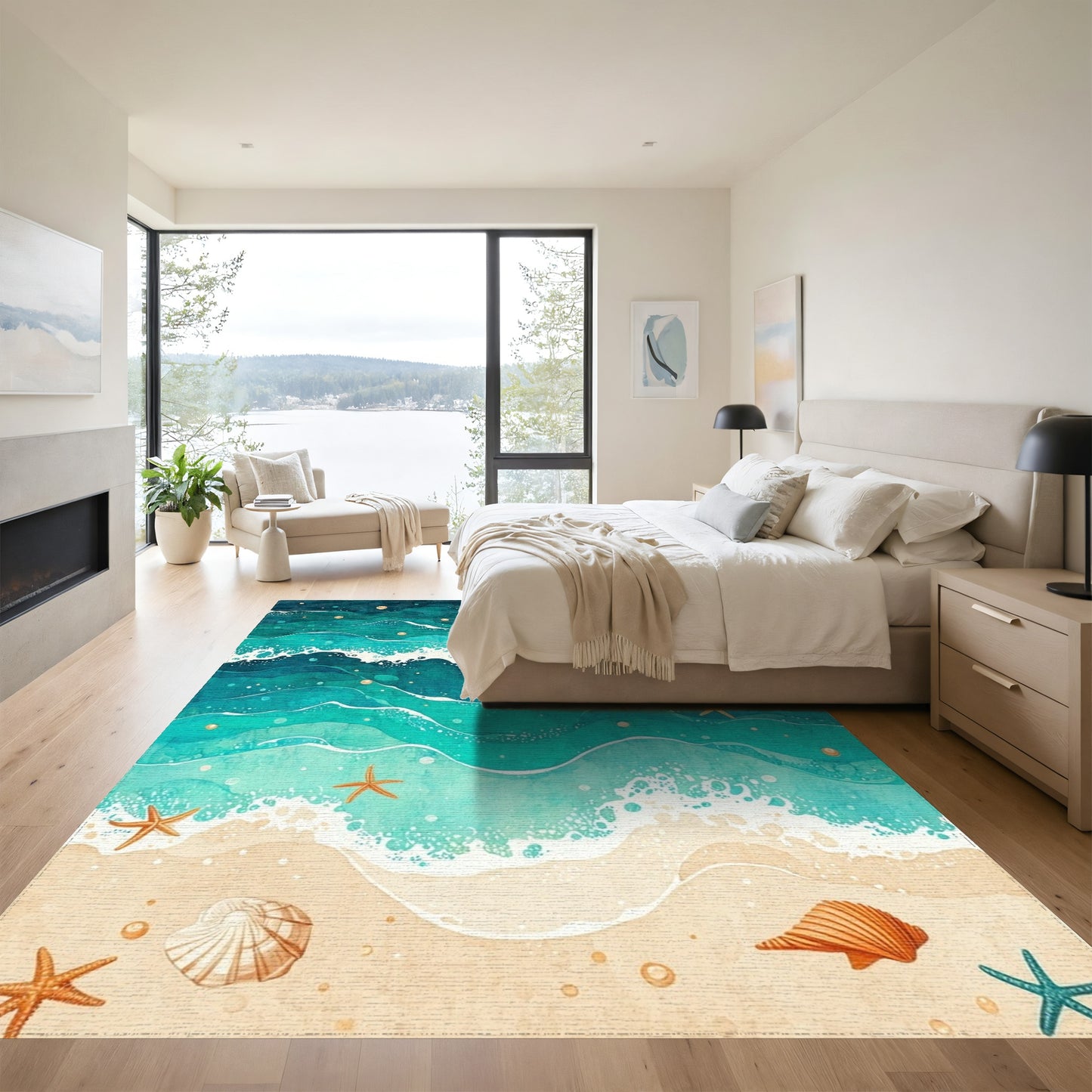 Teal Starry Waves Seashell Starfish Rug