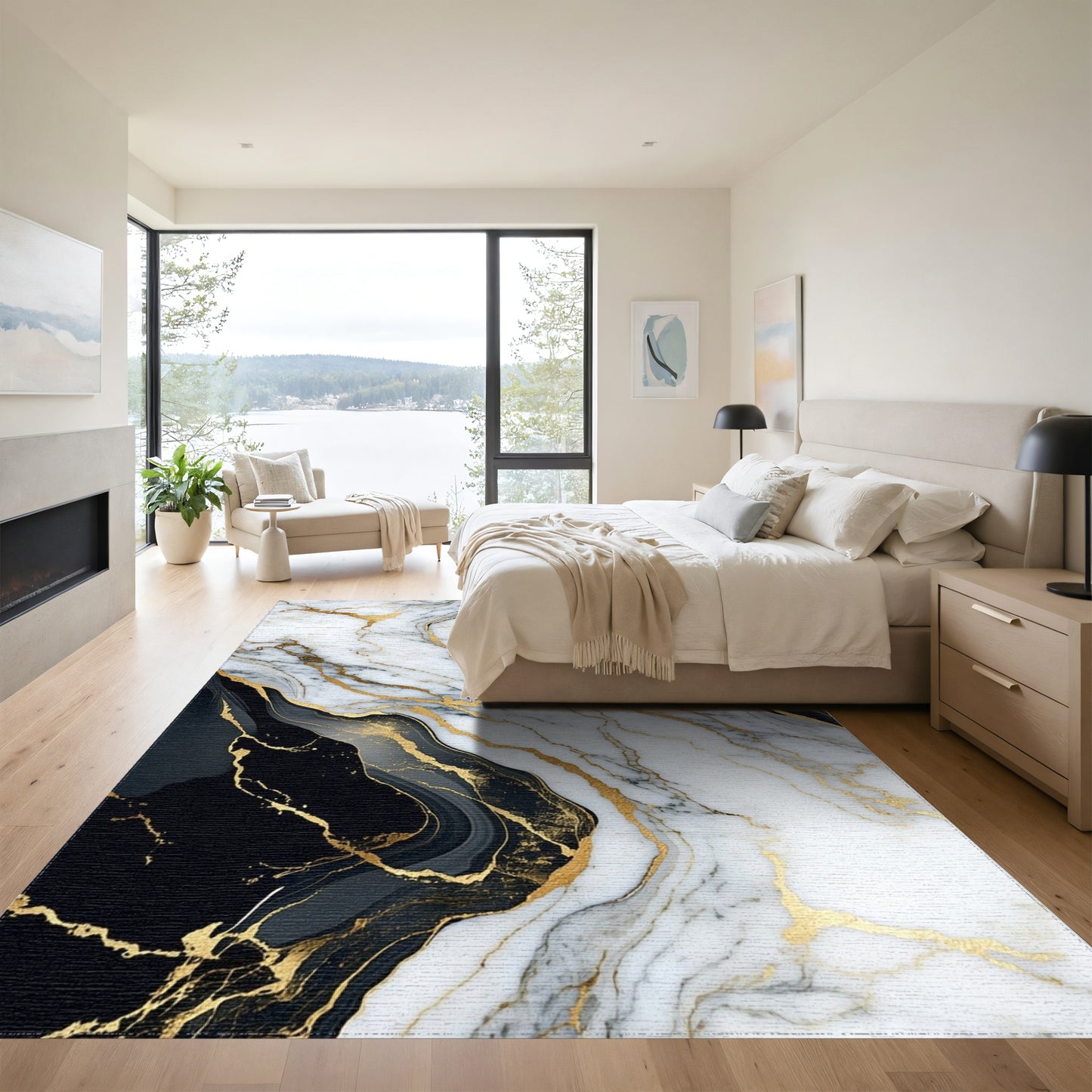 White Black Gold Veined Marble Rug