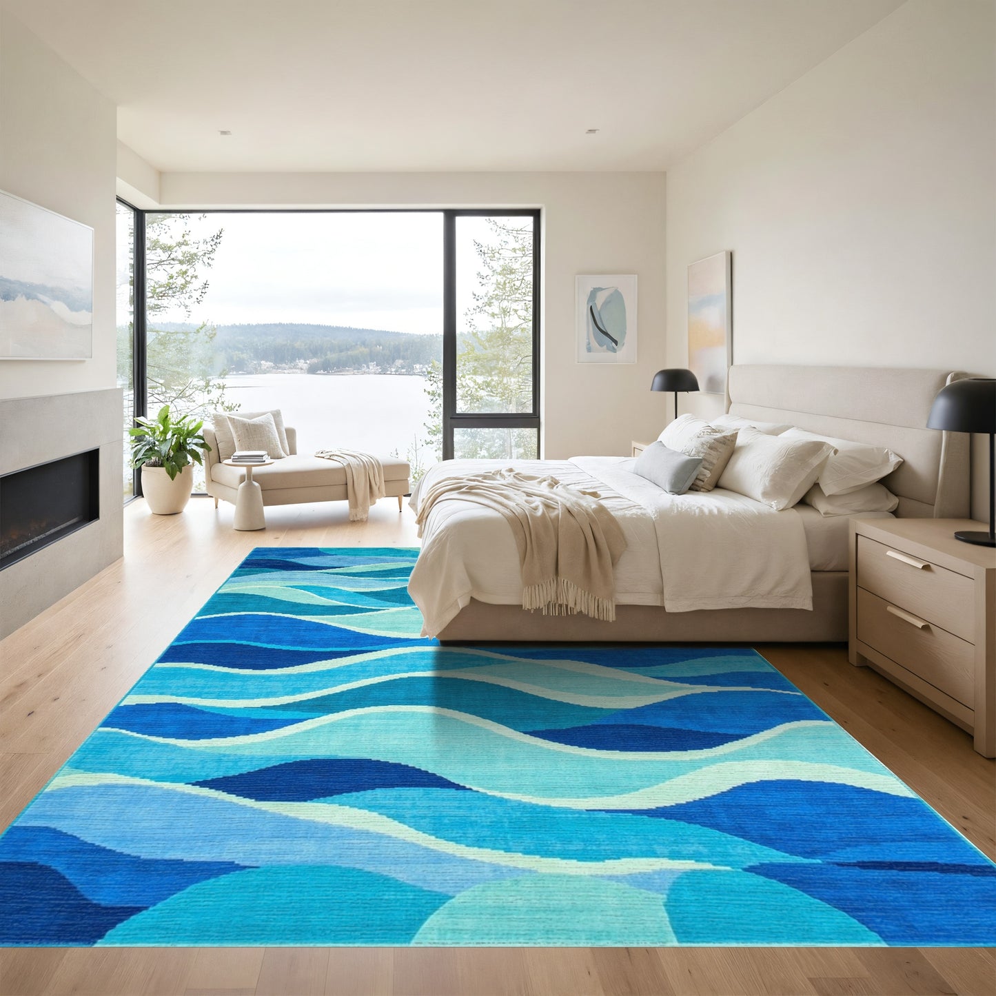 Abstract Blue Wave Layers Rug