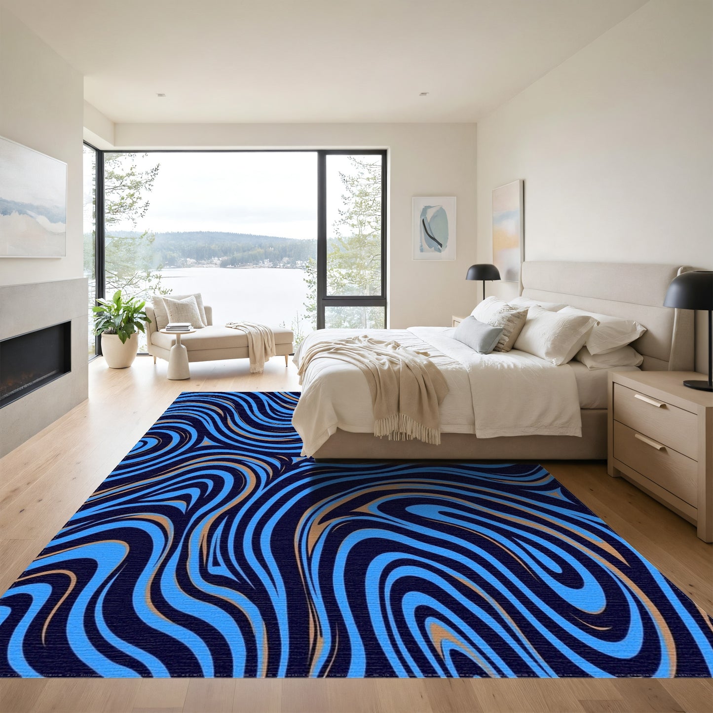 Navy Gold Wavy Swirl Rug