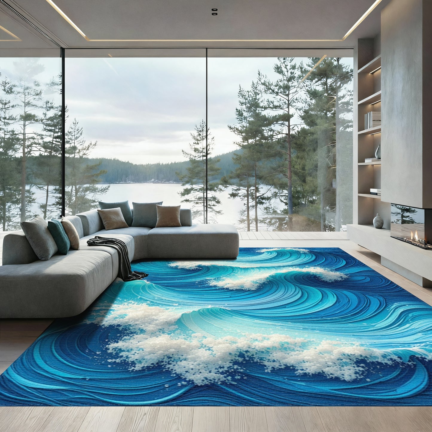 Teal Swirling Wave Crests Rug