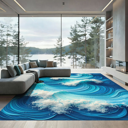 Teal Swirling Wave Crests Rug