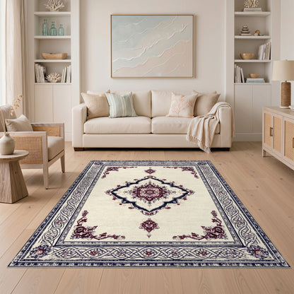 Beige Navy Persian Medallion Area Rug