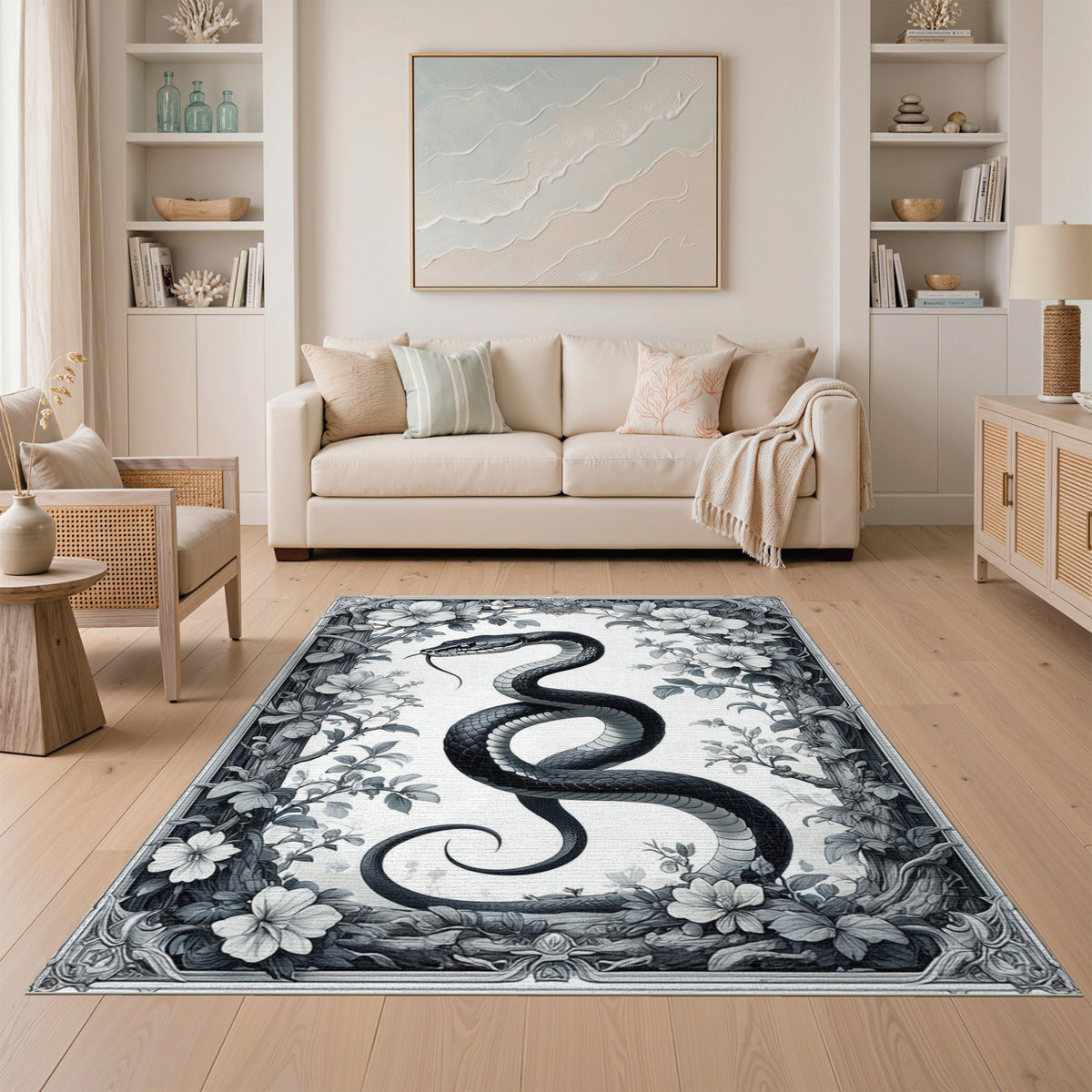 Black Serpent Floral Vintage Rug