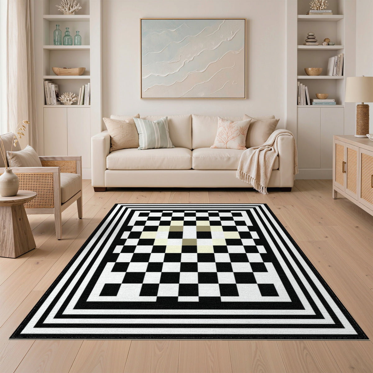 Black White Geometric Checkered Black and White Area Rug