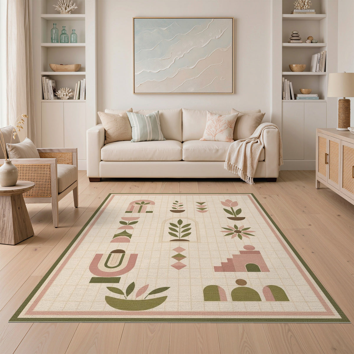 Blush Pink Geometric Plant Motif Area Rug