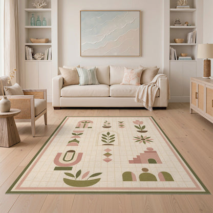 Blush Pink Geometric Plant Motif Area Rug