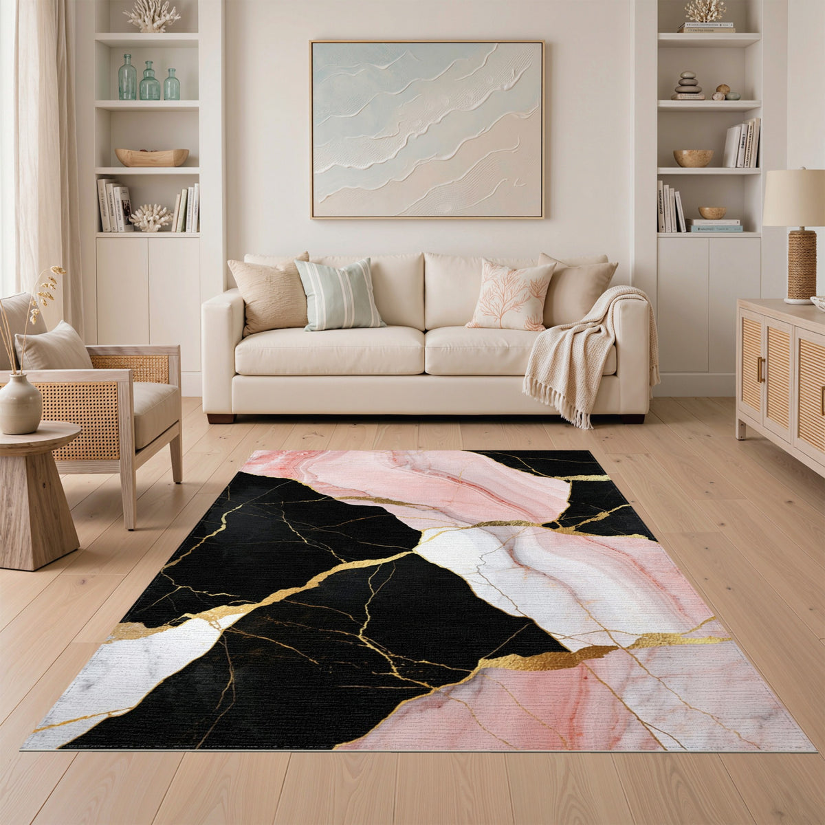 Pink Marble Gold Abstract Pink Area Rug
