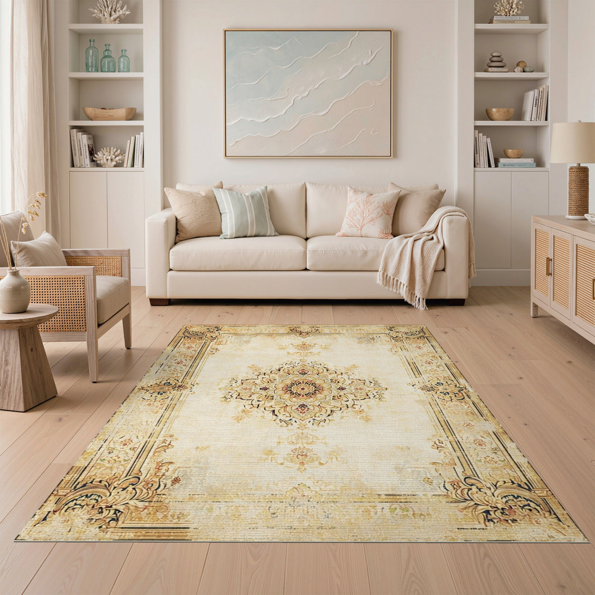 Beige and Neutral Distressed Beige Persian Medallion Area Rug