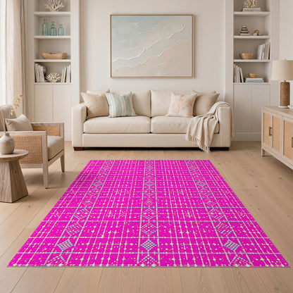 Vibrant Pink Geometric Grid Pink Area Rug