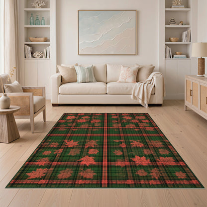 Green Plaid Maple Leaf Washable Area Rug