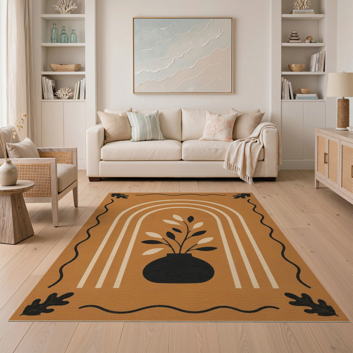 Orange Boho Vase Leaf Area Rug