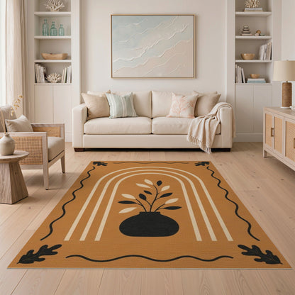 Orange Boho Vase Leaf Area Rug