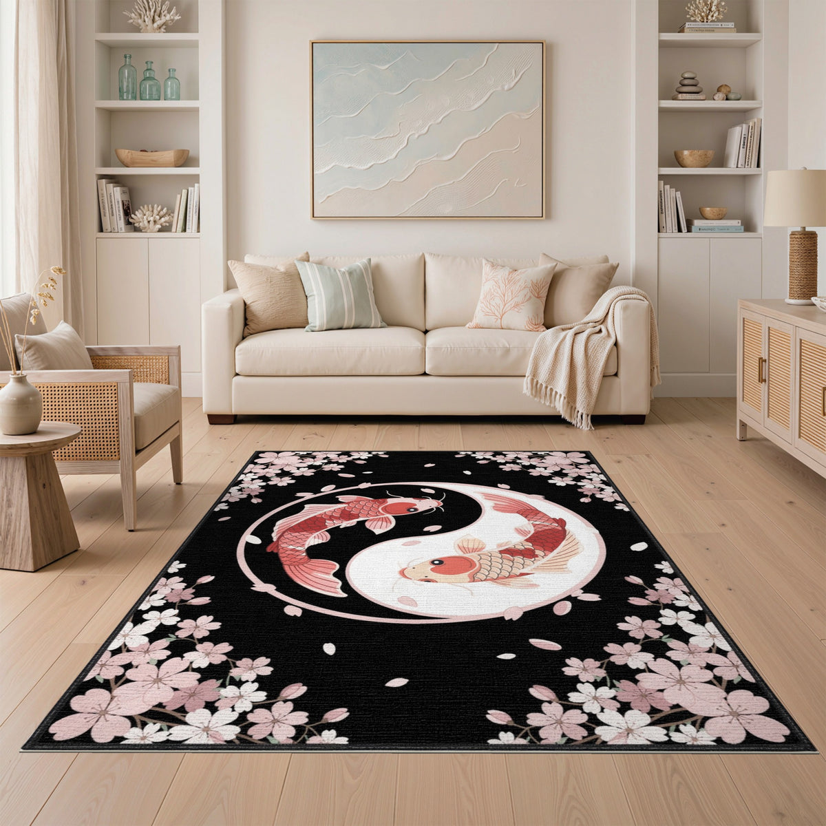 Pink Koi Yin-Yang Cherry Blossom Area Rug