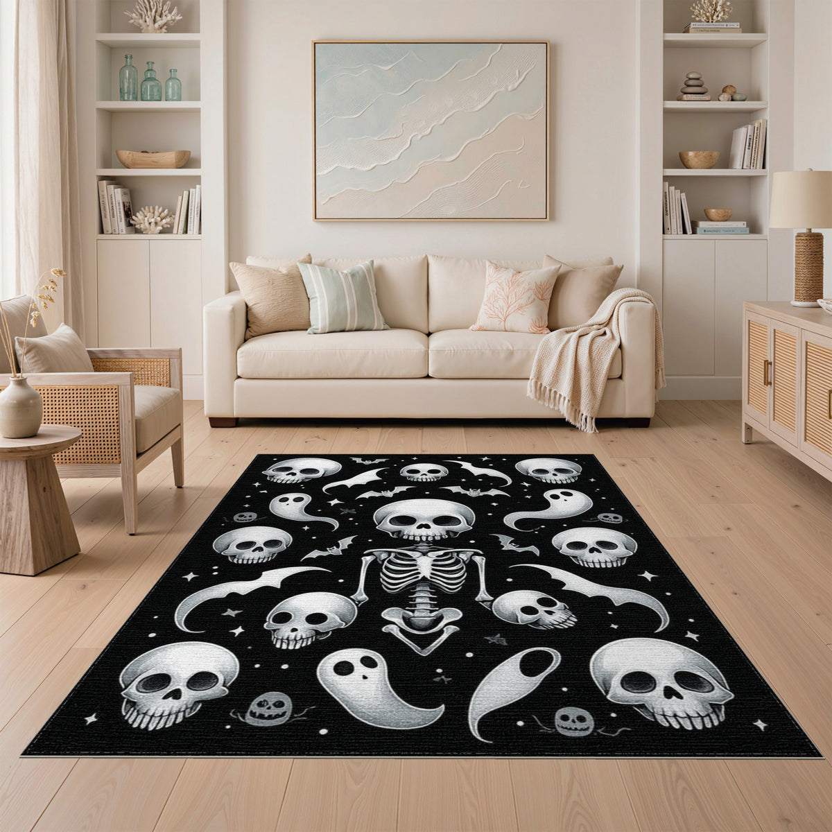 Black White Skeleton Ghost Area Rug