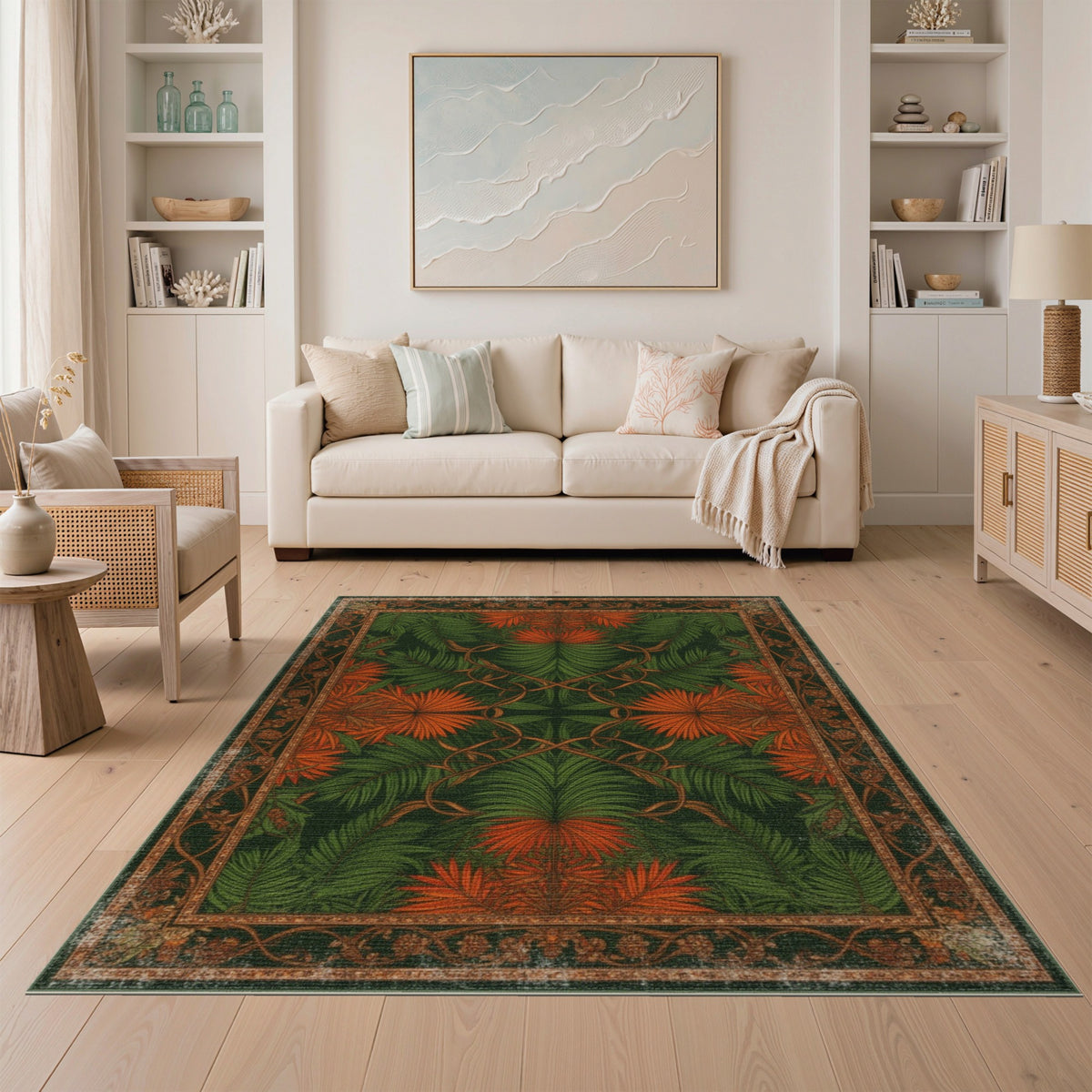 Green Orange Palm Leaf Vintage Area Rug