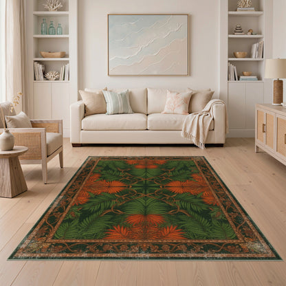 Green Orange Palm Leaf Vintage Area Rug
