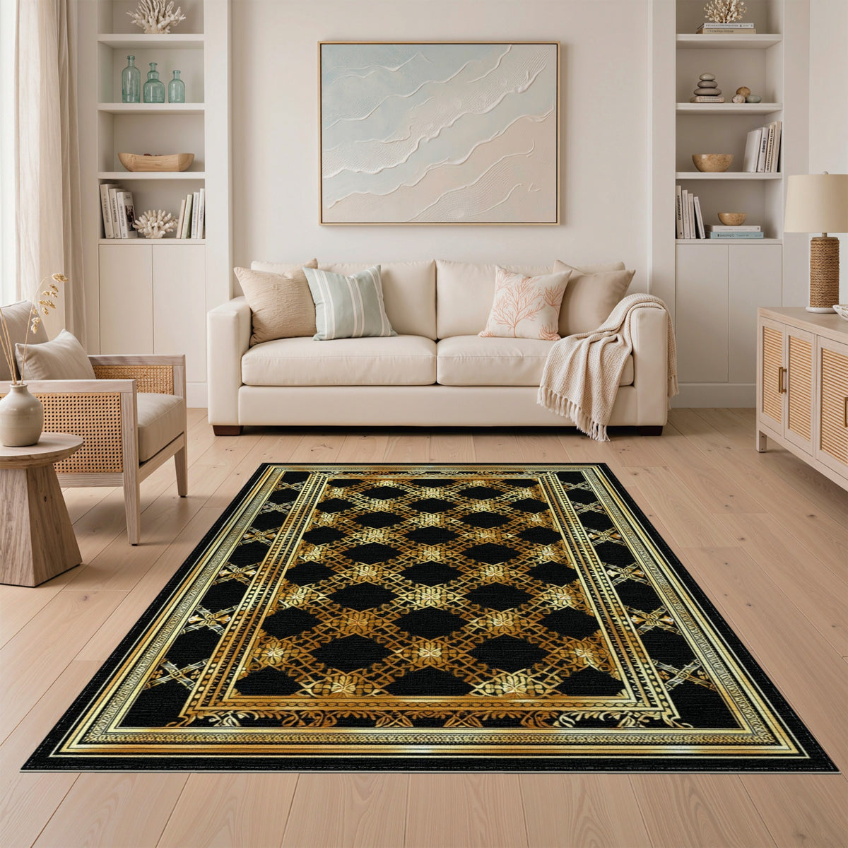 Gold and Silver Black and Gold Ornate Persian Area Rug