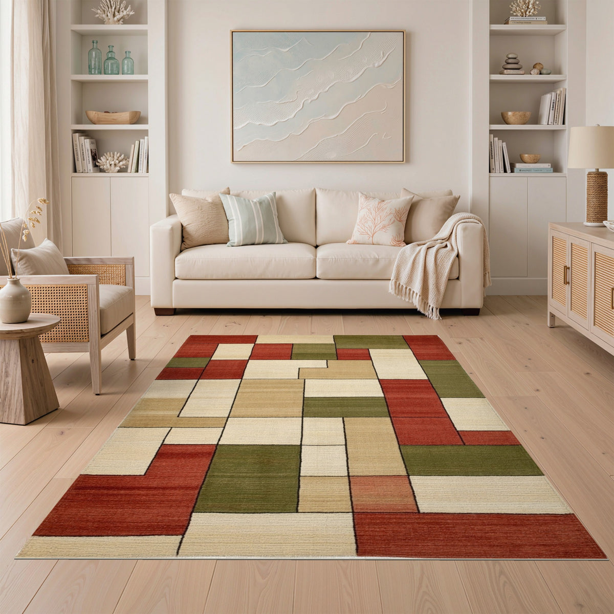 Geometric Block Red Beige Area Rug