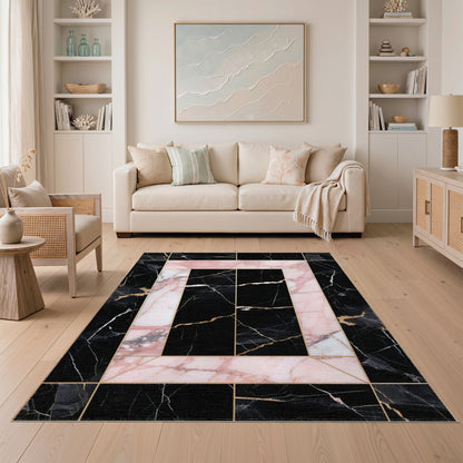 Pink Marble Geometric Frame Area Rug
