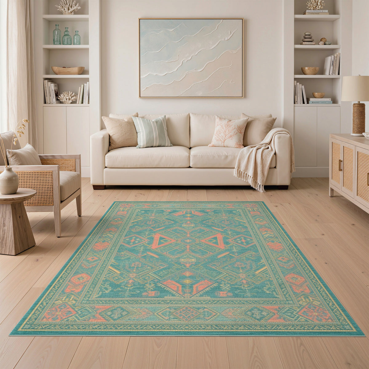 Southwestern Teal Coral Area Rug
