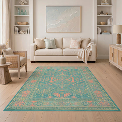 Southwestern Teal Coral Area Rug
