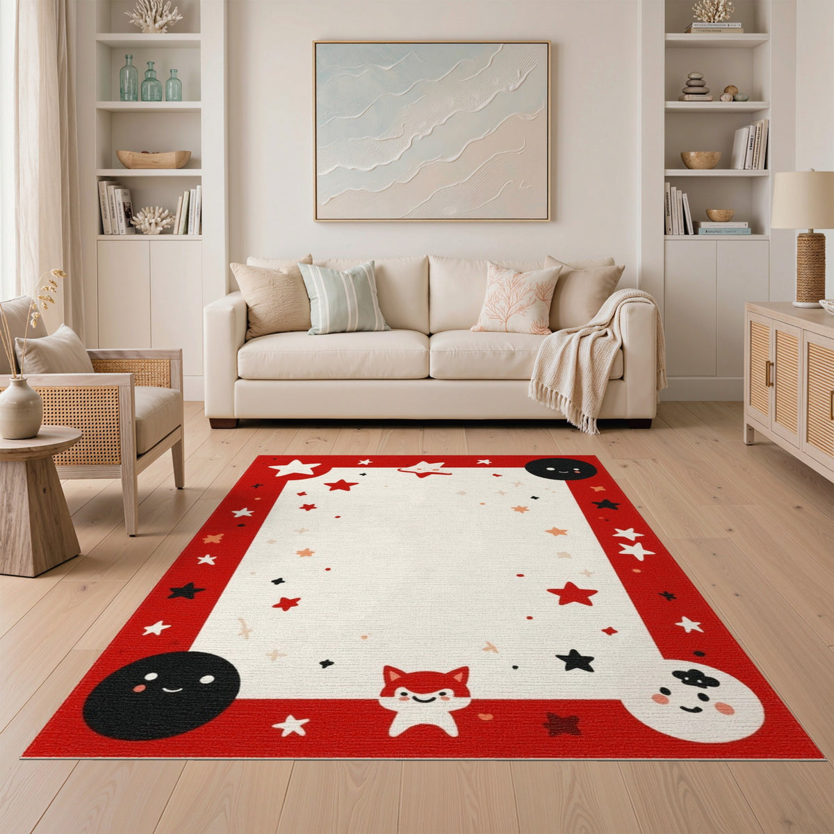 Red Cartoon Fox Stars Kids Area Rug