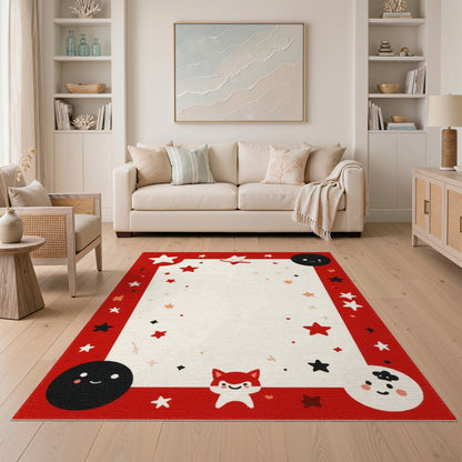 Red Cartoon Fox Stars Kids Area Rug