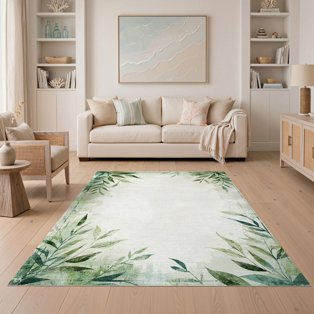 Green Botanical Leaves Distressed Area Rug
